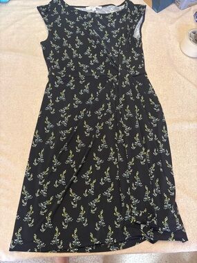 LOFT Black Floral Cap-Sleeve Midi Dress